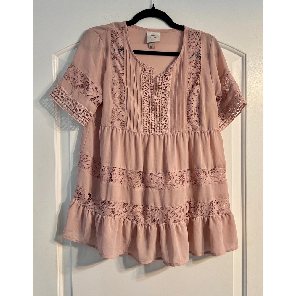 Knox Rose Babydoll Top Small Pink Crochet Lace Tiered Boho Chic Cottagecore